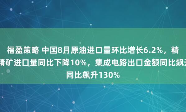 福盈策略 中国8月原油进口量环比增长6.2%，精铜与铜精矿进口量同比下降10%，集成电路出口金额同比飙升130%